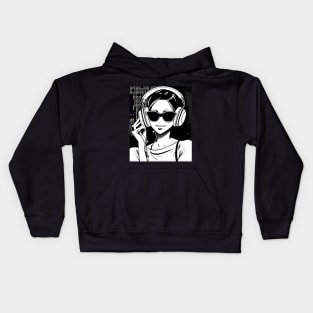 Anime girl wearing headphones listening to music Kids Hoodie